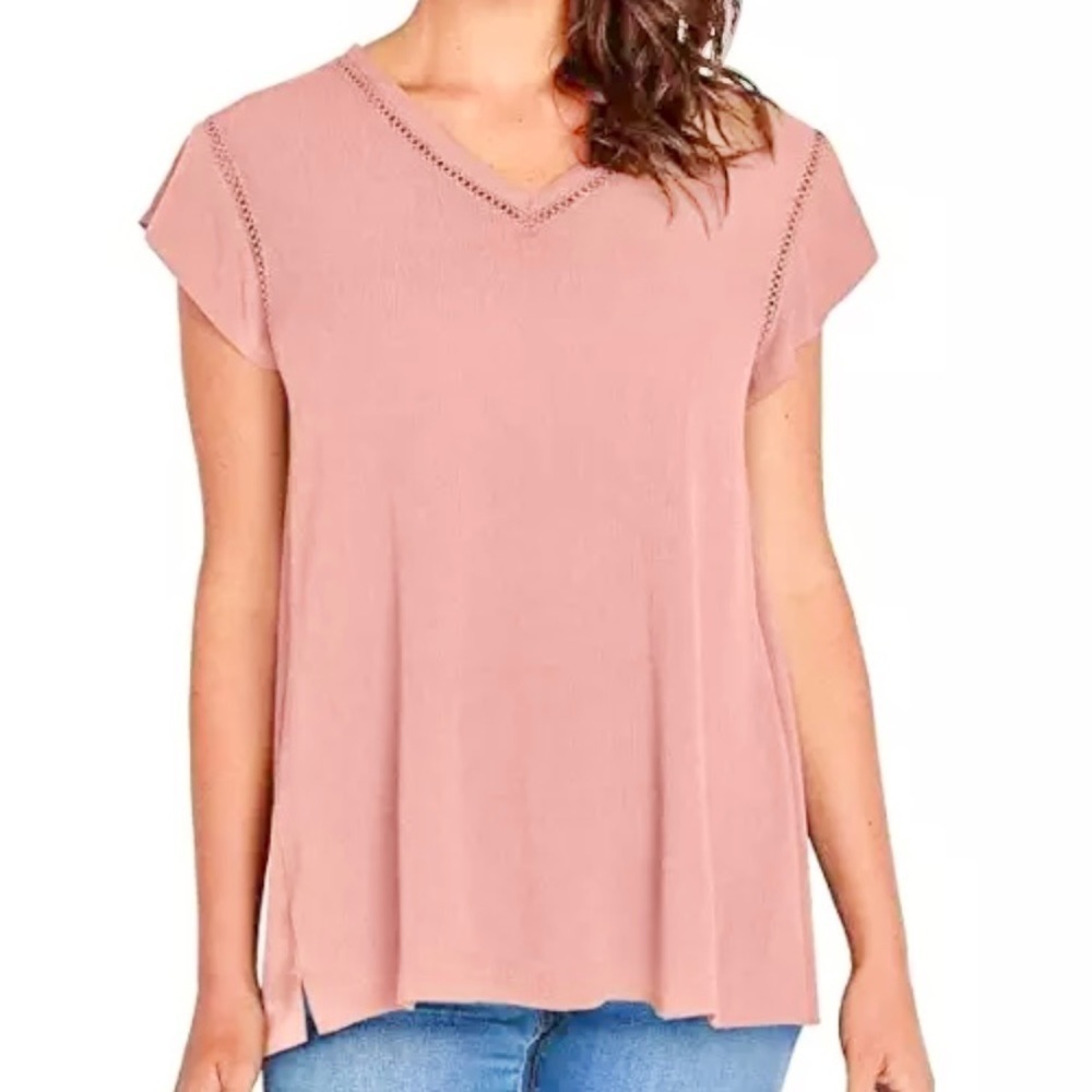 Buffalo David Bitton Crepe V Neck Pink Top, Size Medium, Blouse, Women’s